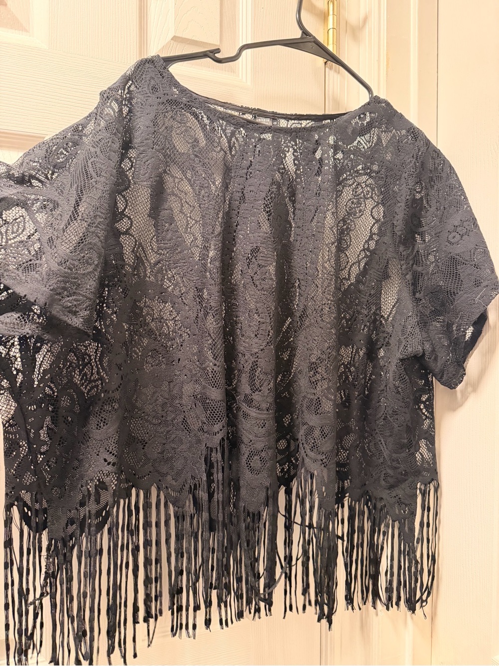 SHEIN Black Lace Fringe Short Sleeve Tunic